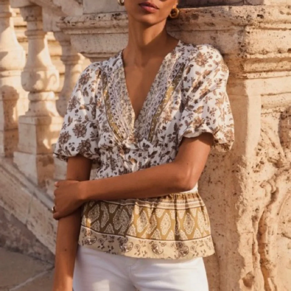 Loft Bohemian Mixed-Pattern Peplum Blouse Size M